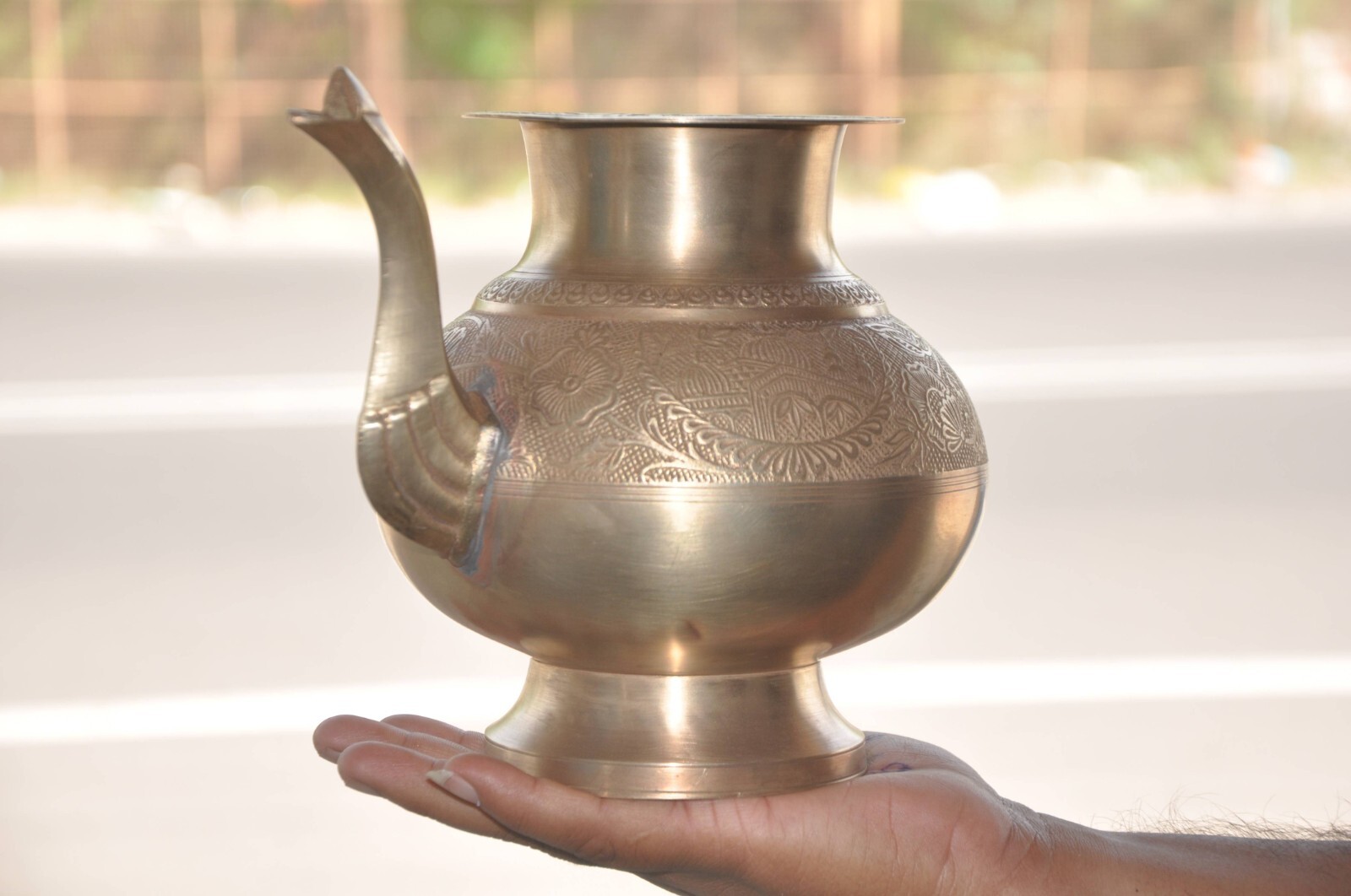 Vintage Brass Inlay Engraved Big Handcrafted Fine Holy Water Pot With Nozzle