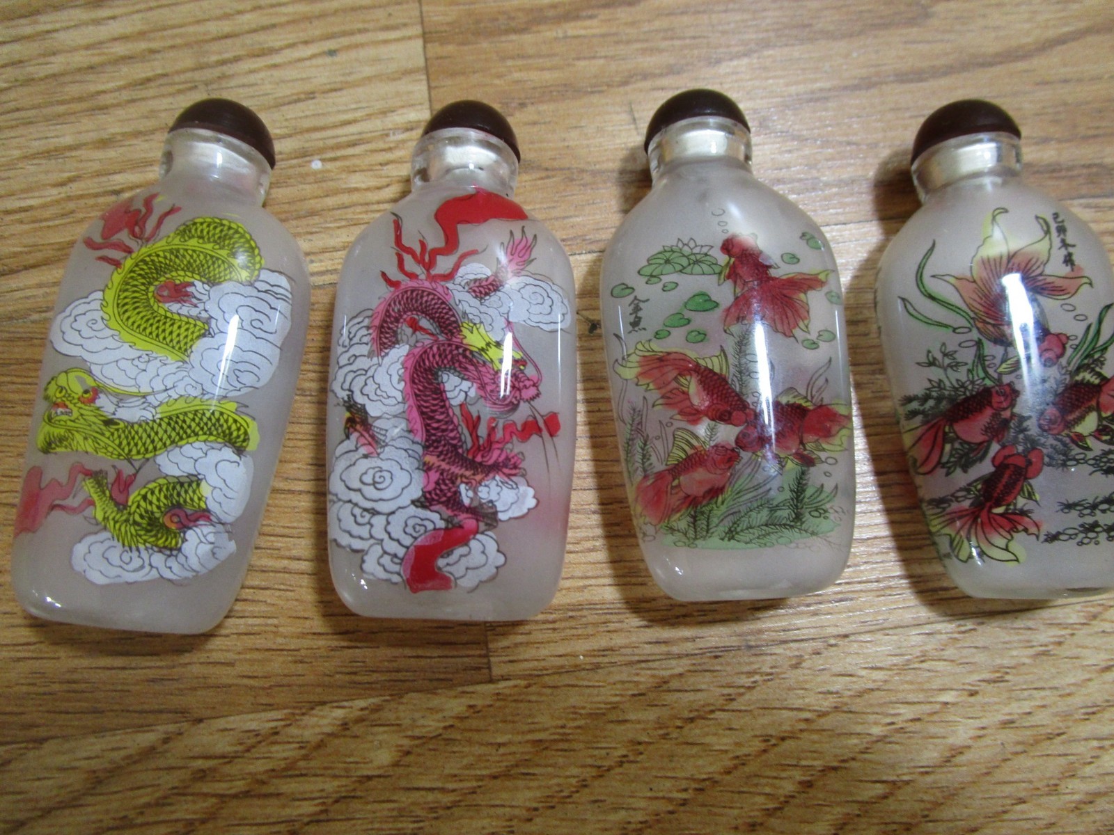 4 Vintage Inside Reverse Painted Chinese Perfume Bottles Floral & Snake
