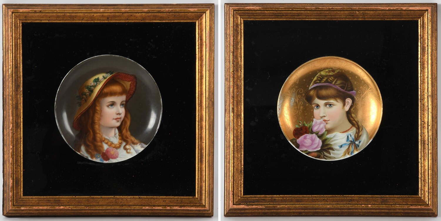 Pair of Framed Shadow Box Hand-Painted Portrait Plaques