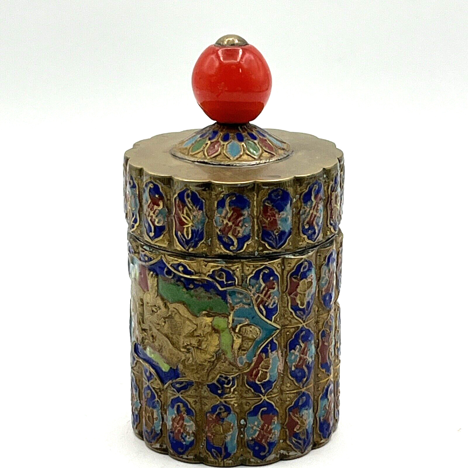 Vintage Chinese Export Mahjong Enamel Brass Ginger Jar Tea Caddy w/Lid 5″