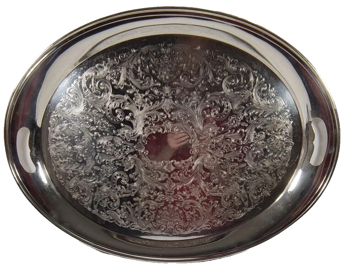 Vintage Silver Large Oval Tray Rare Cutout Handles Floral Chased Pilgrim 22″