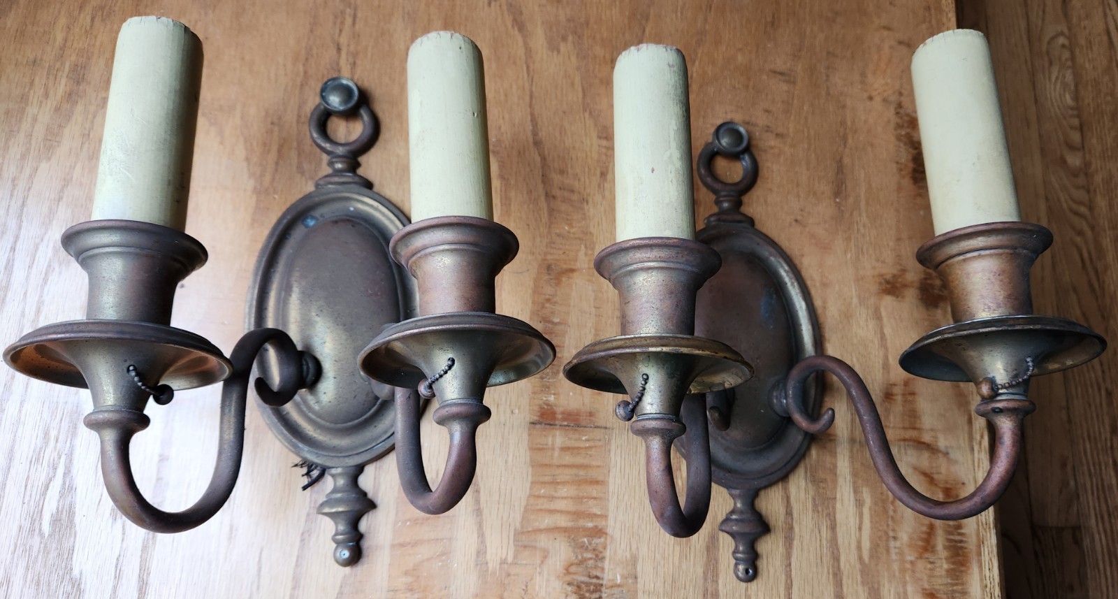 Antique Sconces Pair Of Two Bronze Double Metal Wall Sconces Sold As Is!