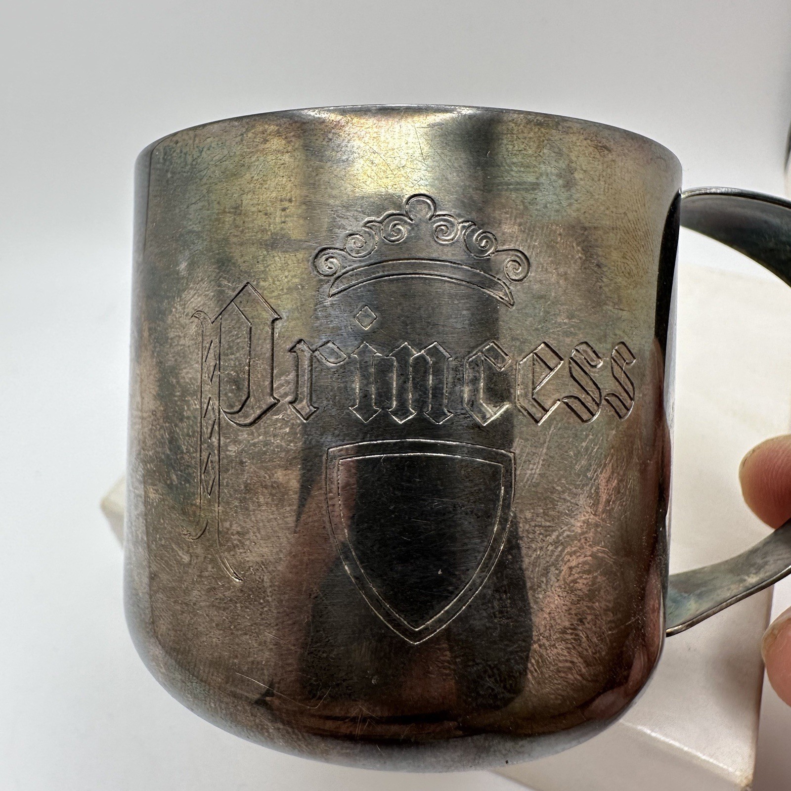 ANTIQUE NAPIER SILVERPLATE GIRL CHILD BABY CUP ENGRAVED “PRINCESS” CROWN CREST