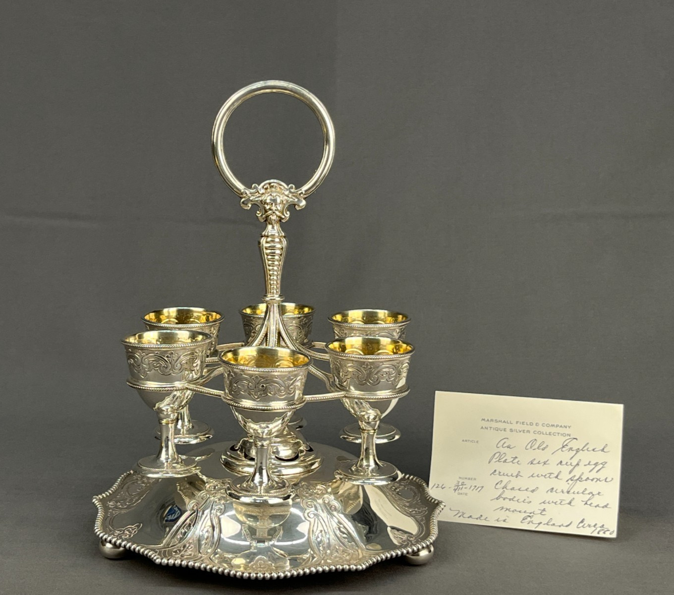 English Victorian Atkins Bros. Silverplate Egg Server w/Six Egg Cups c. 1880