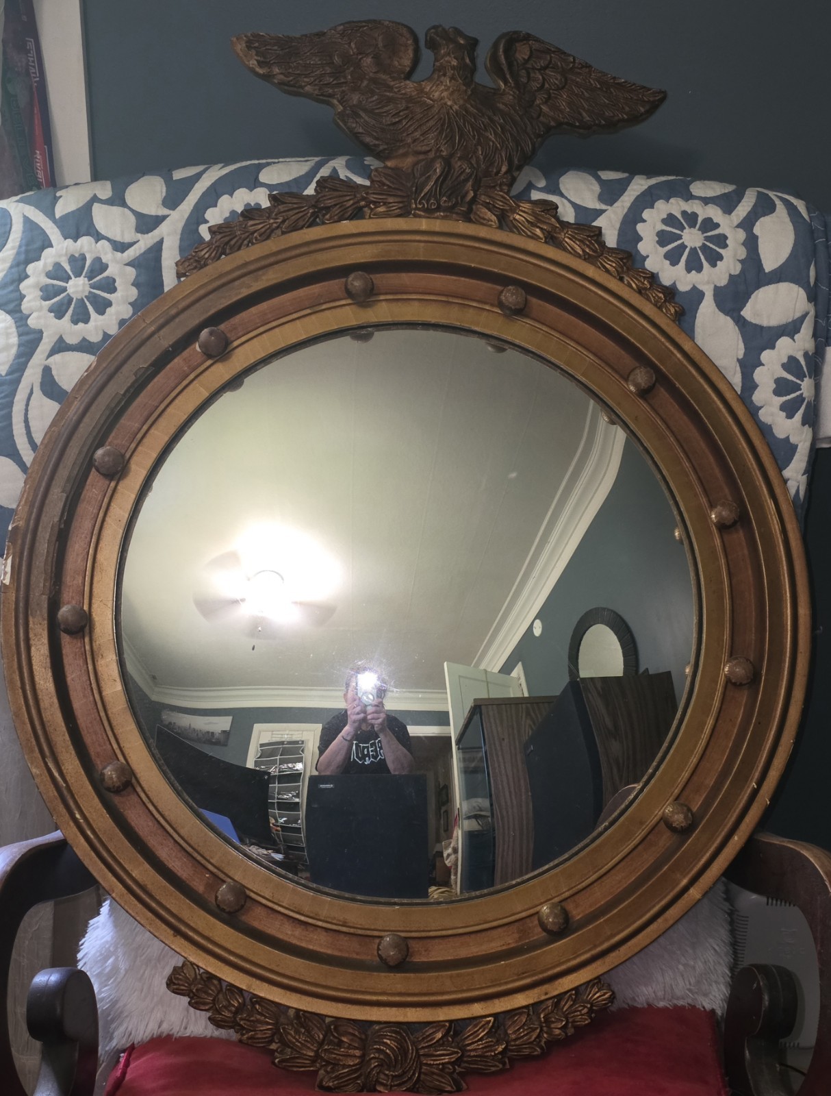 Antique American Federal Gold Gilt Eagle Bullseye Convex Mirror