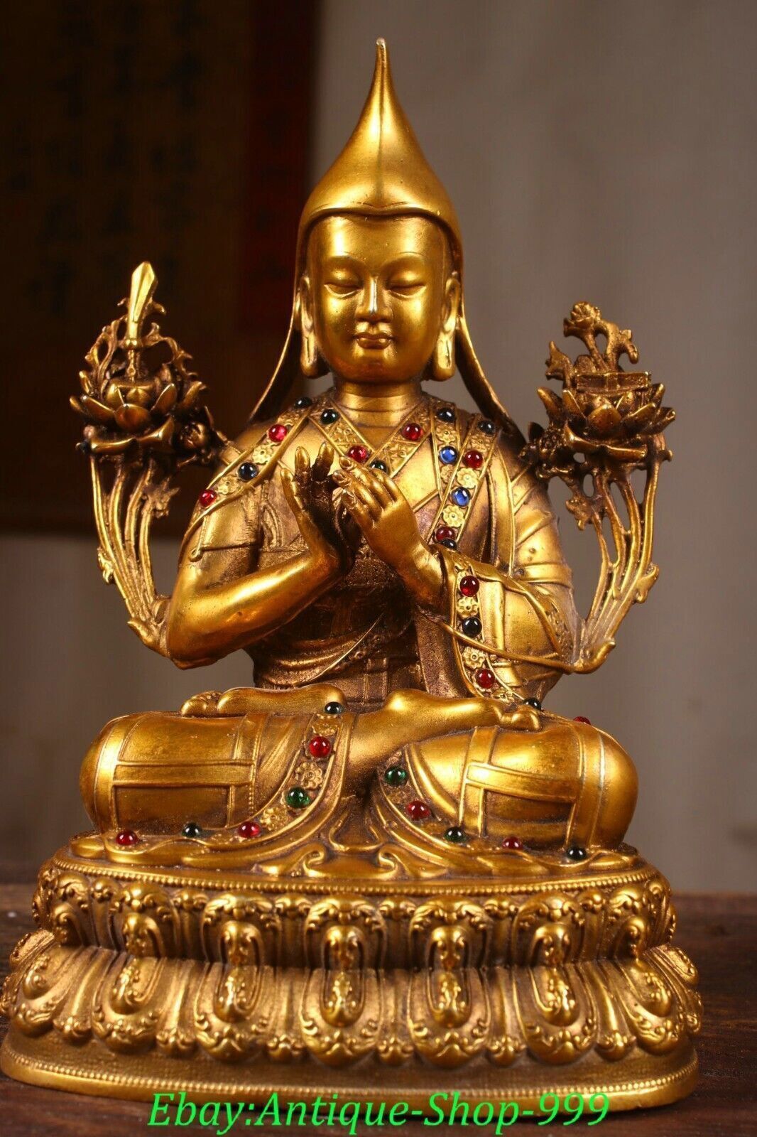 Tibet Buddhism Copper Gilt Gems Je Tsongkhapa Tsong-Kha-Pa Lama Buddha Statue