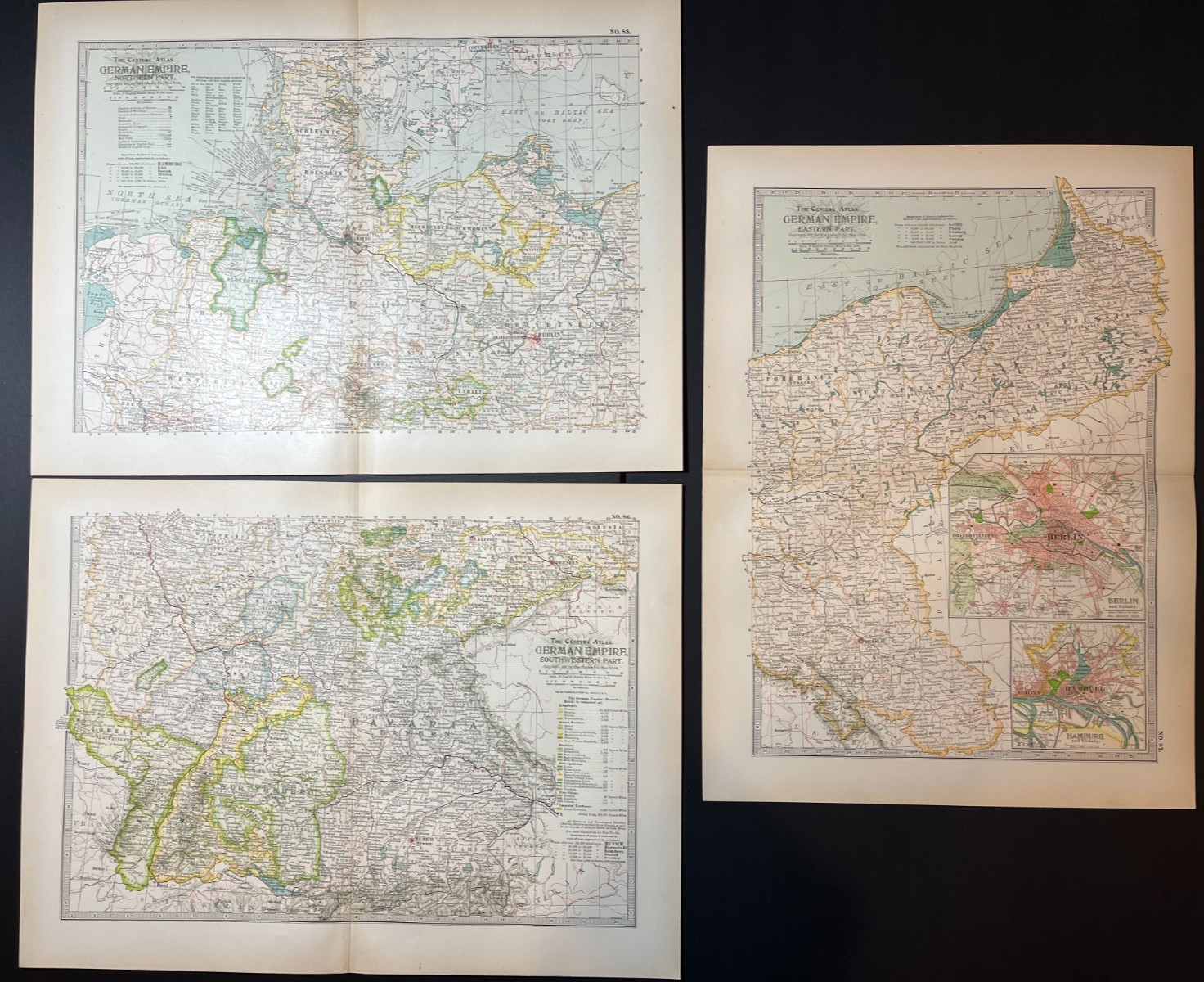 1897 GERMAN EMPIRE Maps, 3 Pg Set, fm 1897 Century Atlas Plate 85-87 SEE DESCRIP