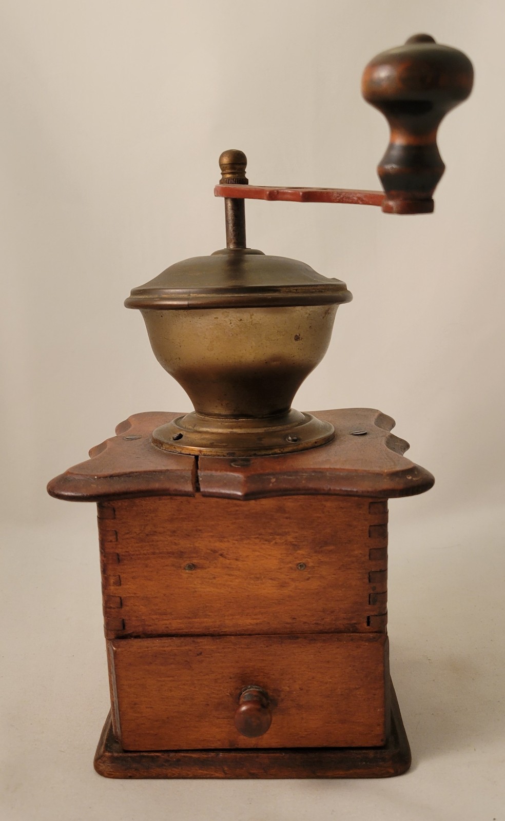 Antique Wood and Brass Hand Crank Coffee Grinder with Drawer