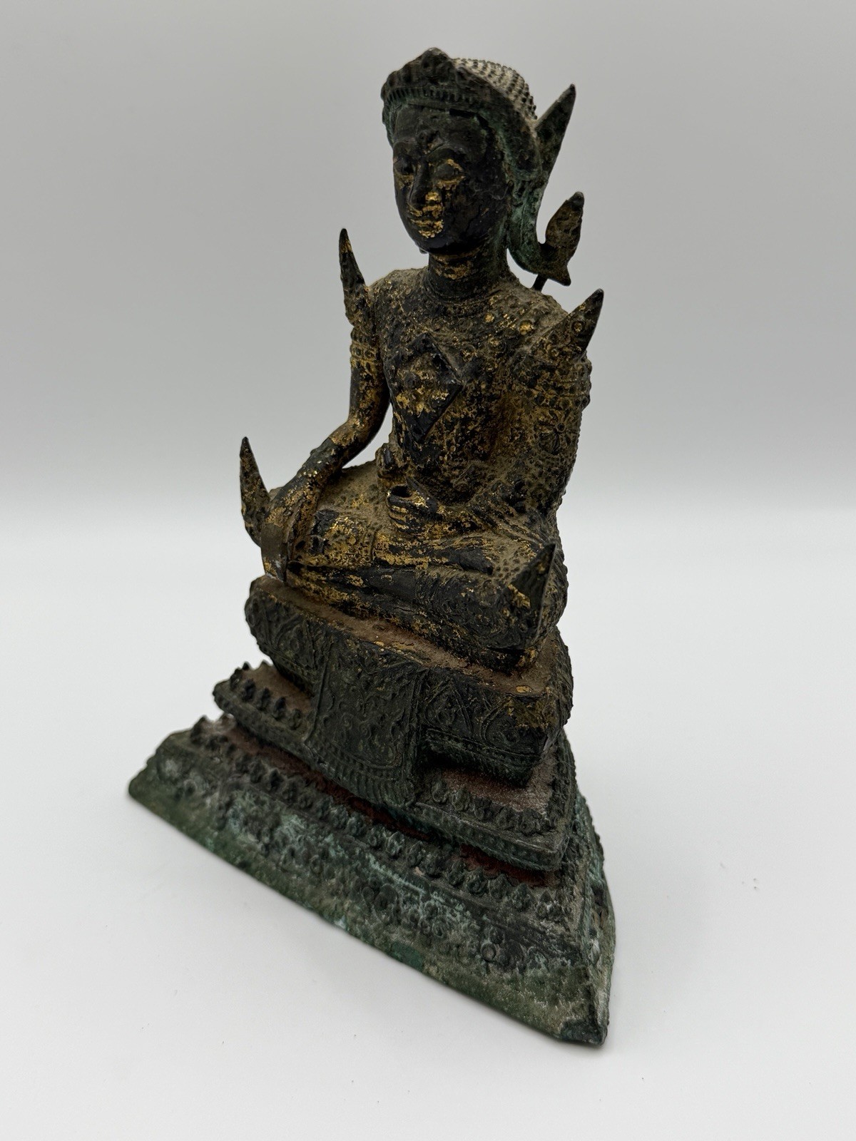 Vintage Thai Bronze Crowned Buddha Statue Ayutthaya Style Gilded Verdigris 16cm