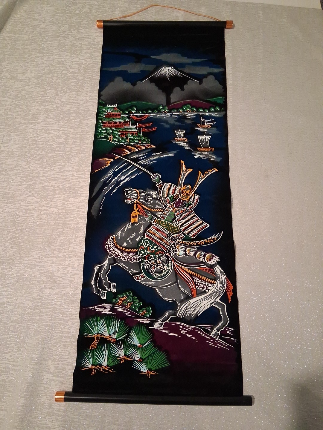 Vintage Japanese Samurai Horse Black Velvet Wall Hanging Scroll Art Mt Fuji…