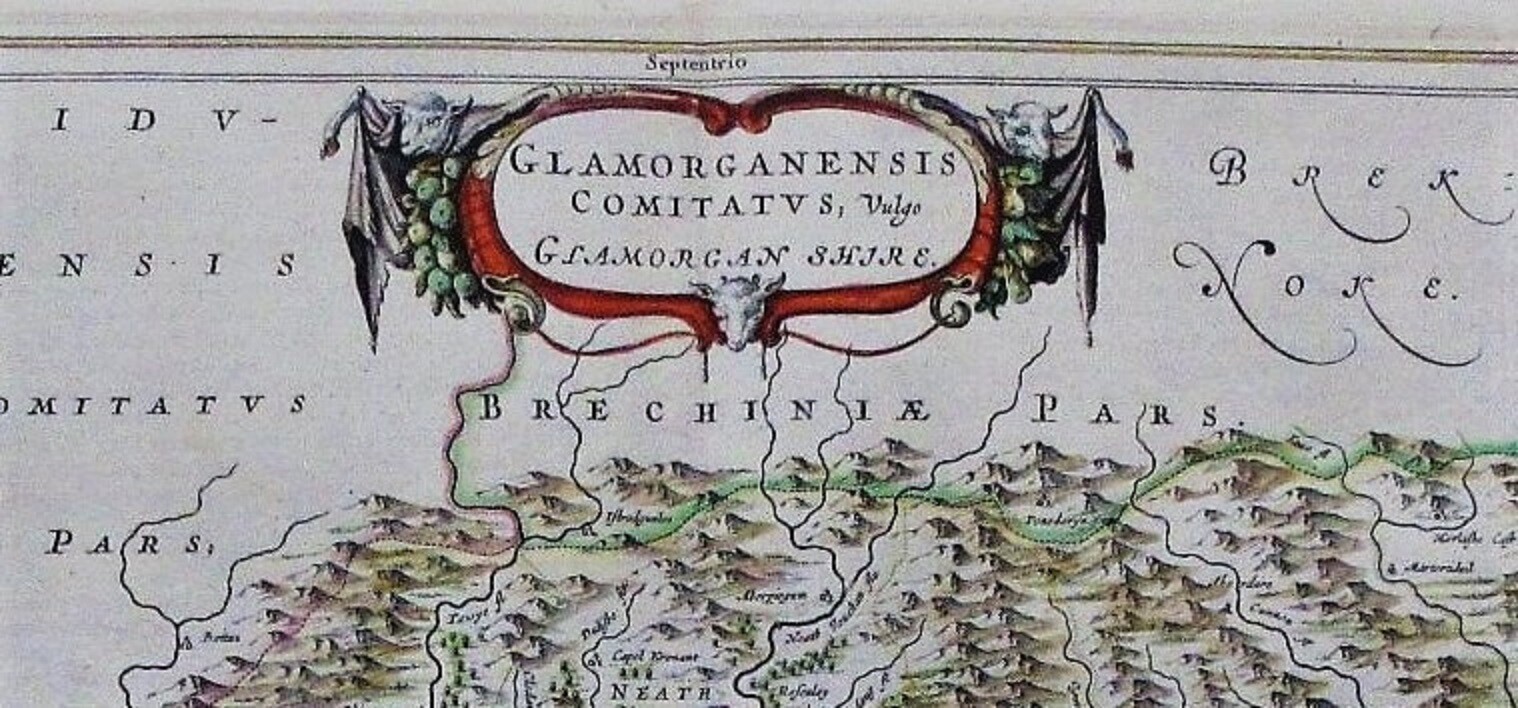 GLAMORGANENSIS COMITATUS; Vulgo GLAMORGAN SHIRE. J Blaeu c.1646 Antique original