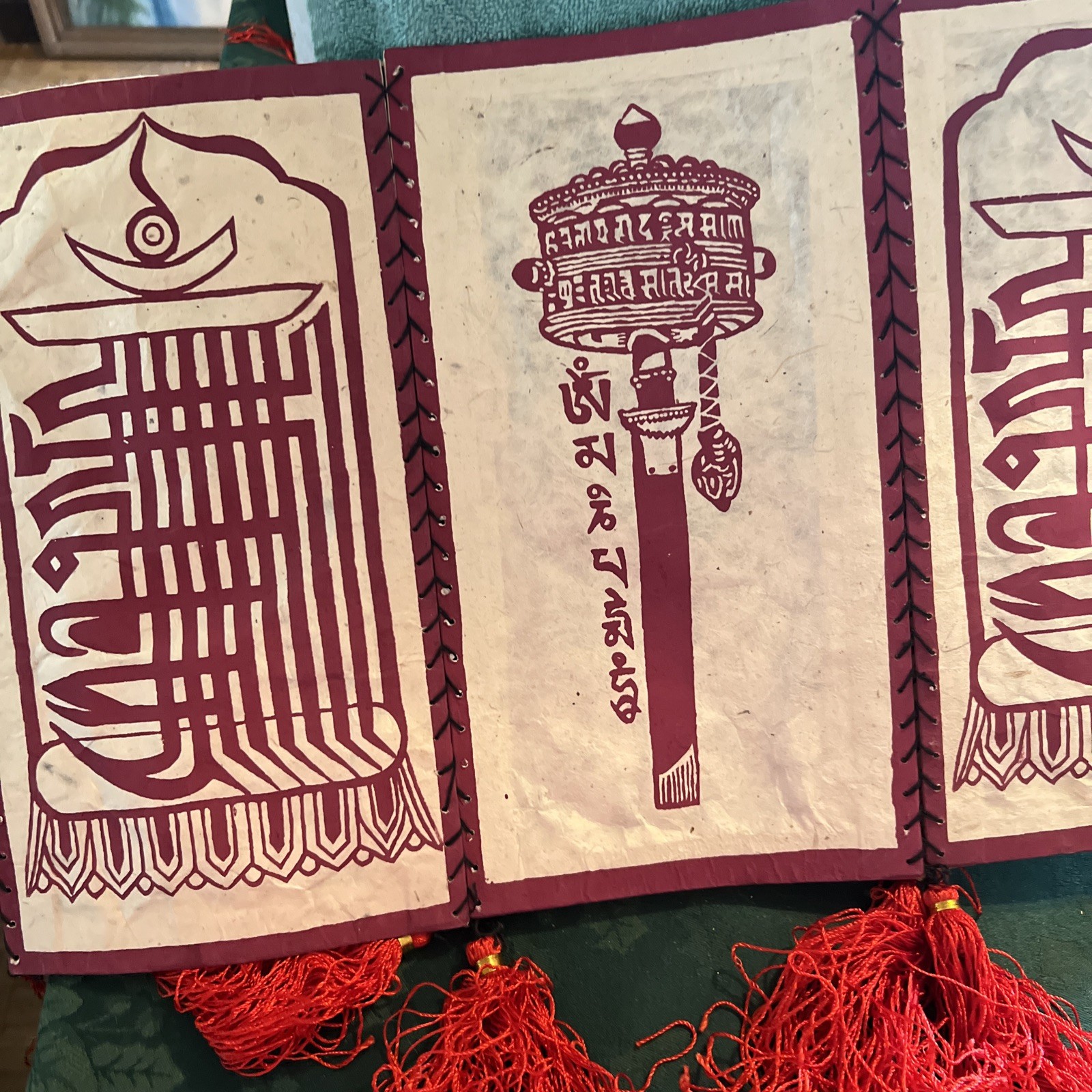 Vtg Kalachakra Hanging Paper Lantern With Tassels 6 Sided 12”x7” Panels Lotta Pa
