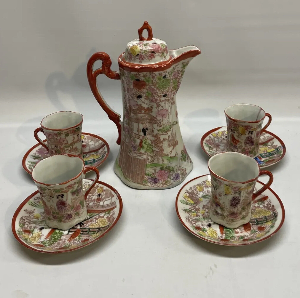 VTG Japanese Kutani Porcelain Hand Painted Geisha Coffee Tea Cups Saucers 10 Pcs