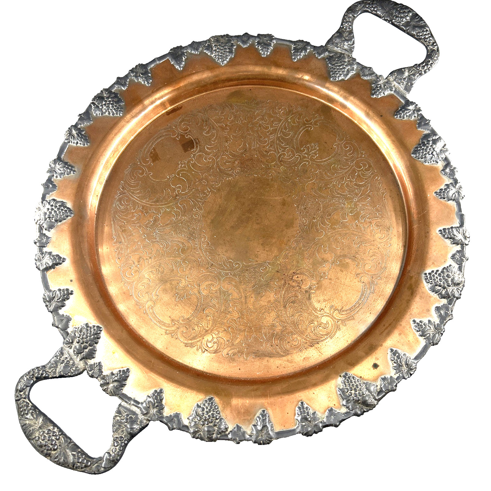 Federal Silver on Copper Serving Tray 14″ Butler Round Grapes Handles Heavy VTG