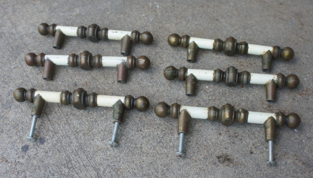 Lot 6 Vintage Brass Handle Dresser Drawer Metal Bar Pulls 742-1 CAN RD 1977