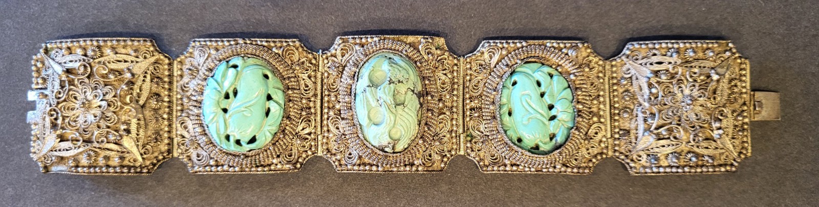 Antique Chinese Export Silver Filigree Bracelet w/ 3 Carved Turquoise Cabochons