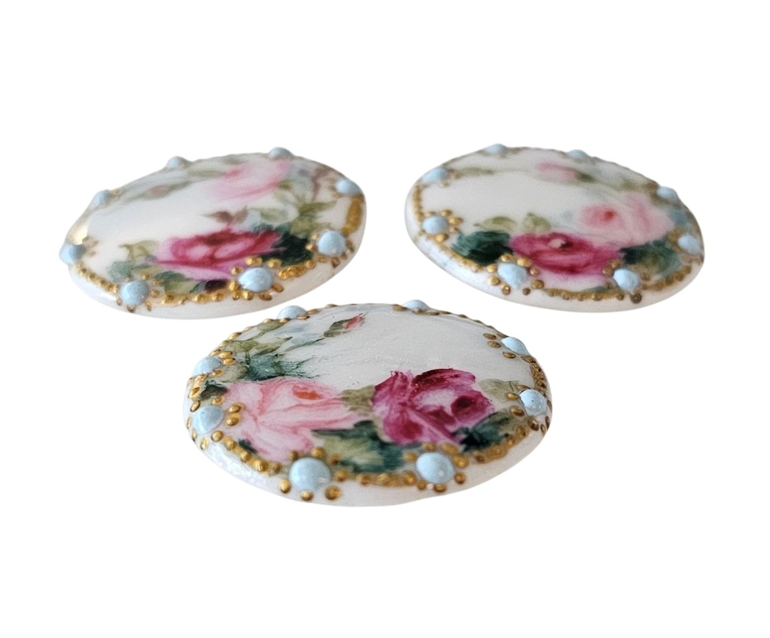 Antique Bone China Round Buttons, Self Shank, Hand Painted Roses, Pink, Blue