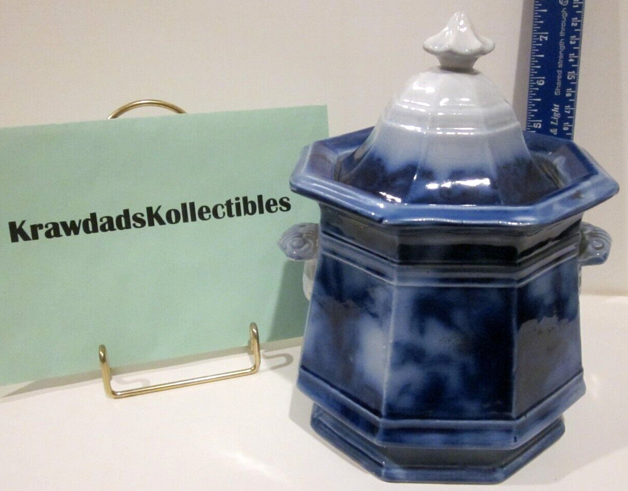 ANTIQUE FLOW BLUE CHEN-SI PATTERN IRONSTONE COVERED SUGAR BOWL ~1830’S UNMARKED