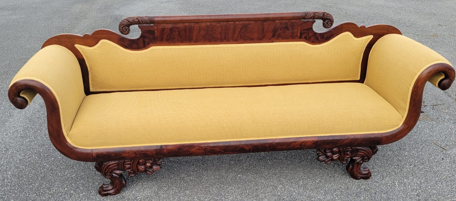 Antique 19th Century American Empire Mahogany Sofa Settee-Hand-Carved Upholstred