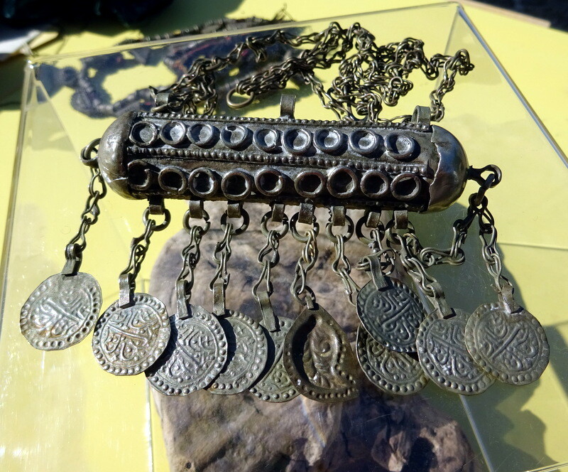 Kurdish Tribal Necklace Antique Ethnic Amuletic Prayer Herb Container Box Coins