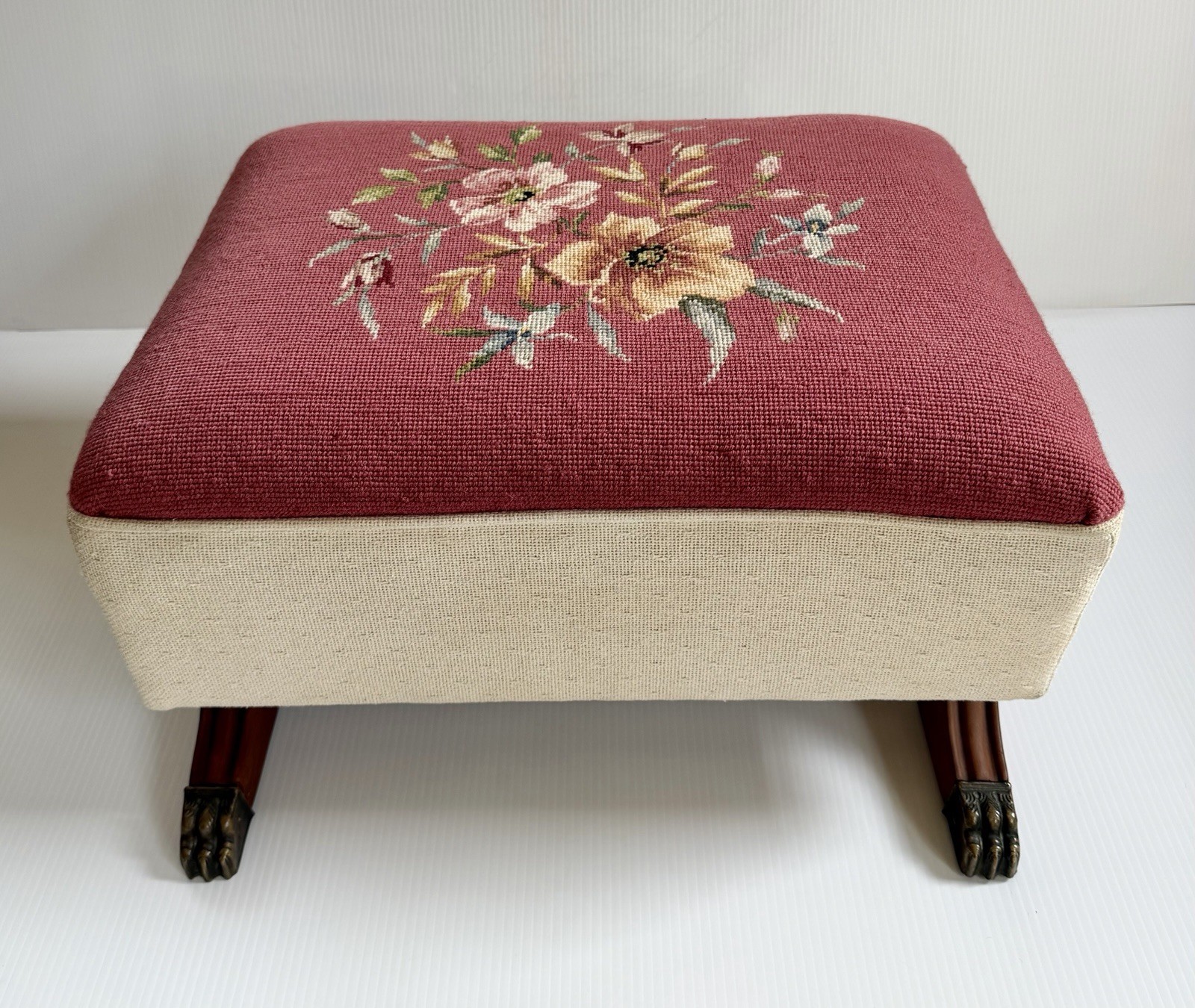 Vintage Large Floral Needlepoint Footstool Ottoman With Wood And Brass Clawfeet