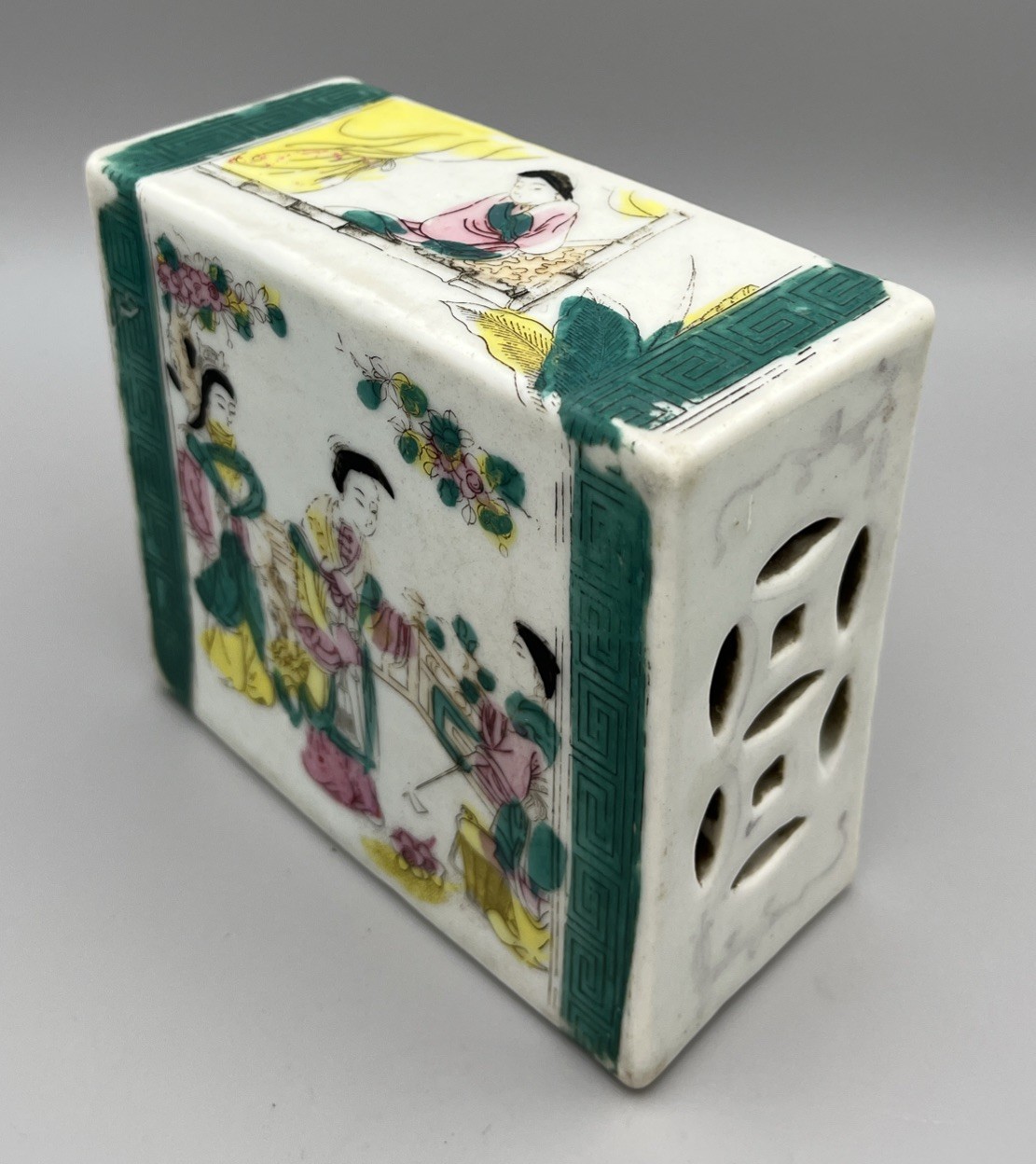 1920s Chinese Porcelain Pillow Republic Period Famille Rose Painted Figures 13cm
