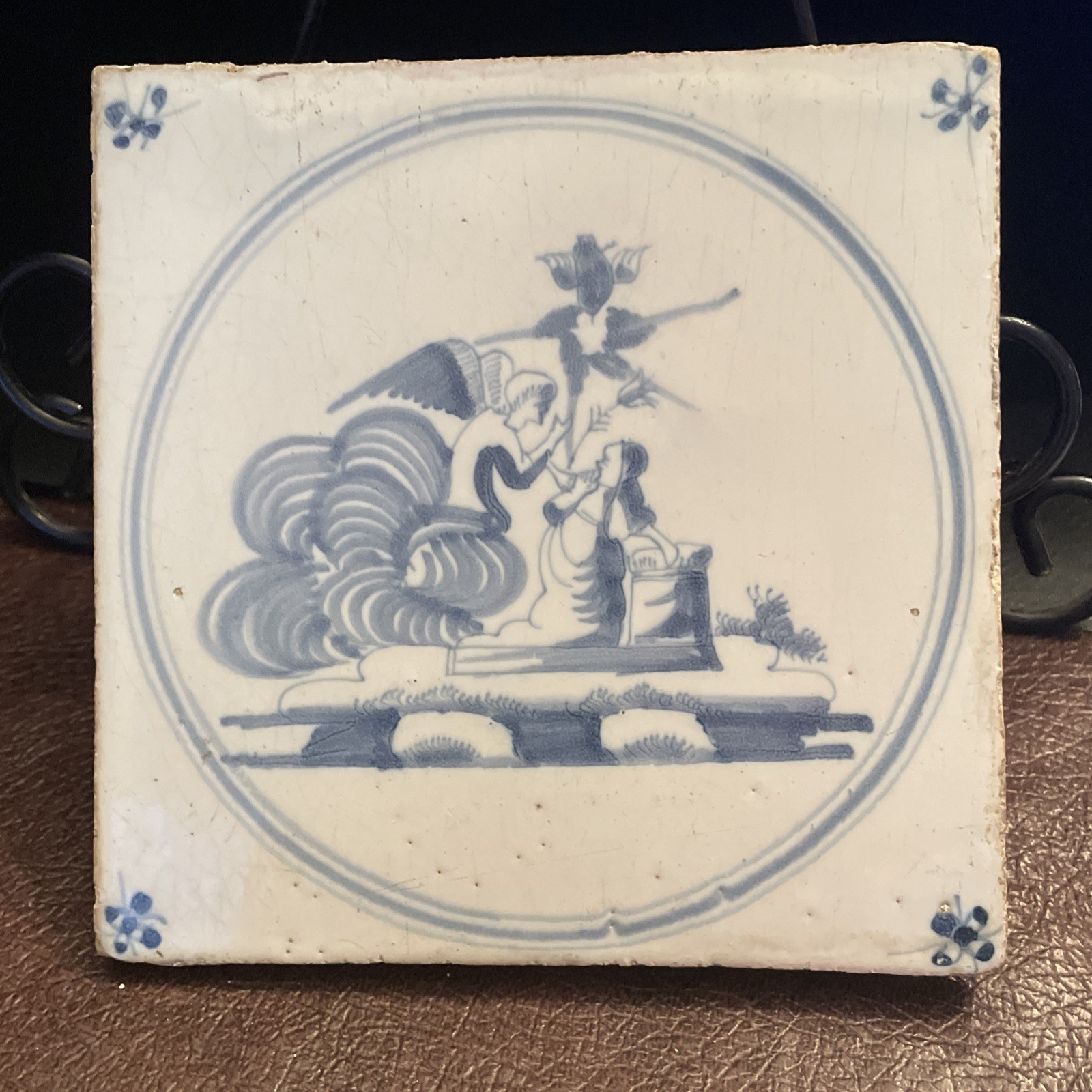 Angel Mary Dutch Delft blue biblical tile 18th C. Christian Antique Old Elijah