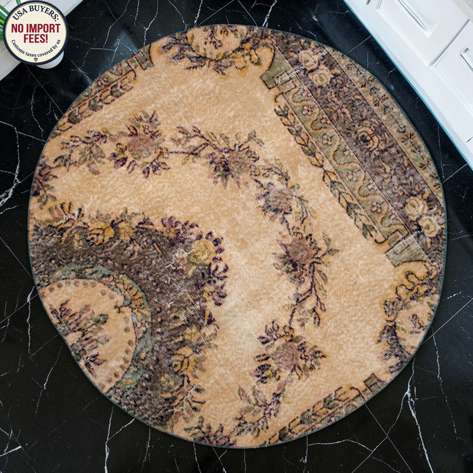 4’9″ Round Turkish Rug Upcycled Vintage Hand Knotted Wool Circle Area Rug