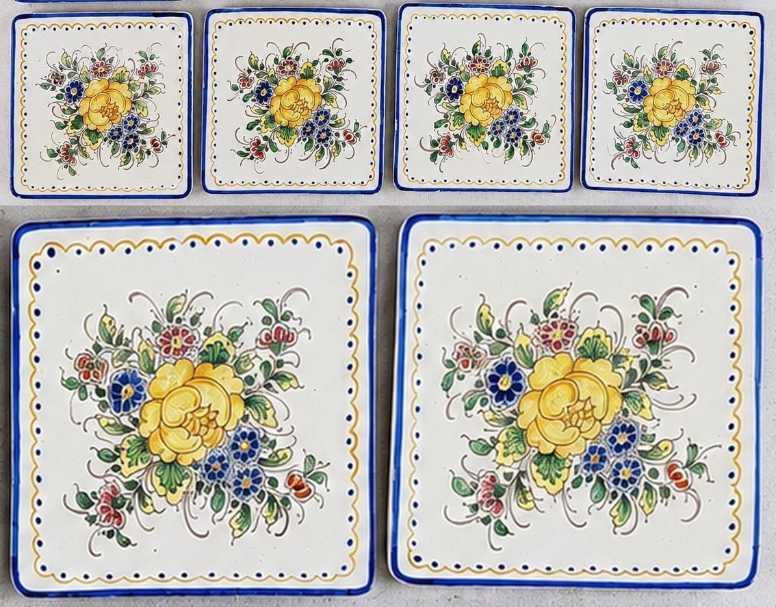 Set Of 6 Massé Frères Desvres Hand painted Faience Yellow Flowers Square Plates