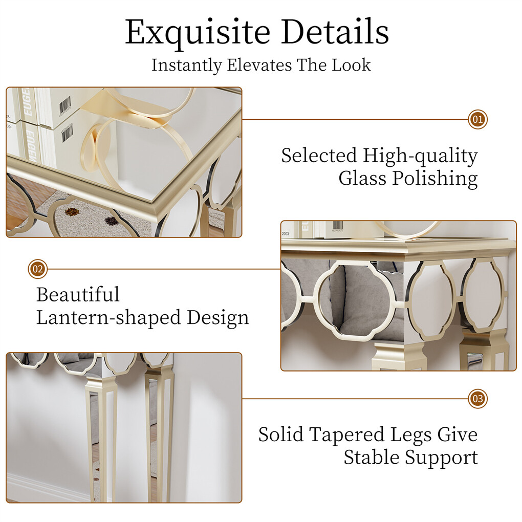 Delicate Mirror Console Table Gold Trim Vanity Table with Stable Tapered Legs