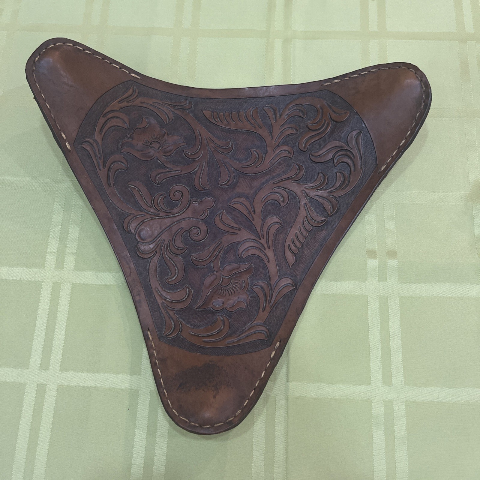 VTG Hand Made/Tooled Embossed Leather Tripod Saddle Floral Stool Cover Seat