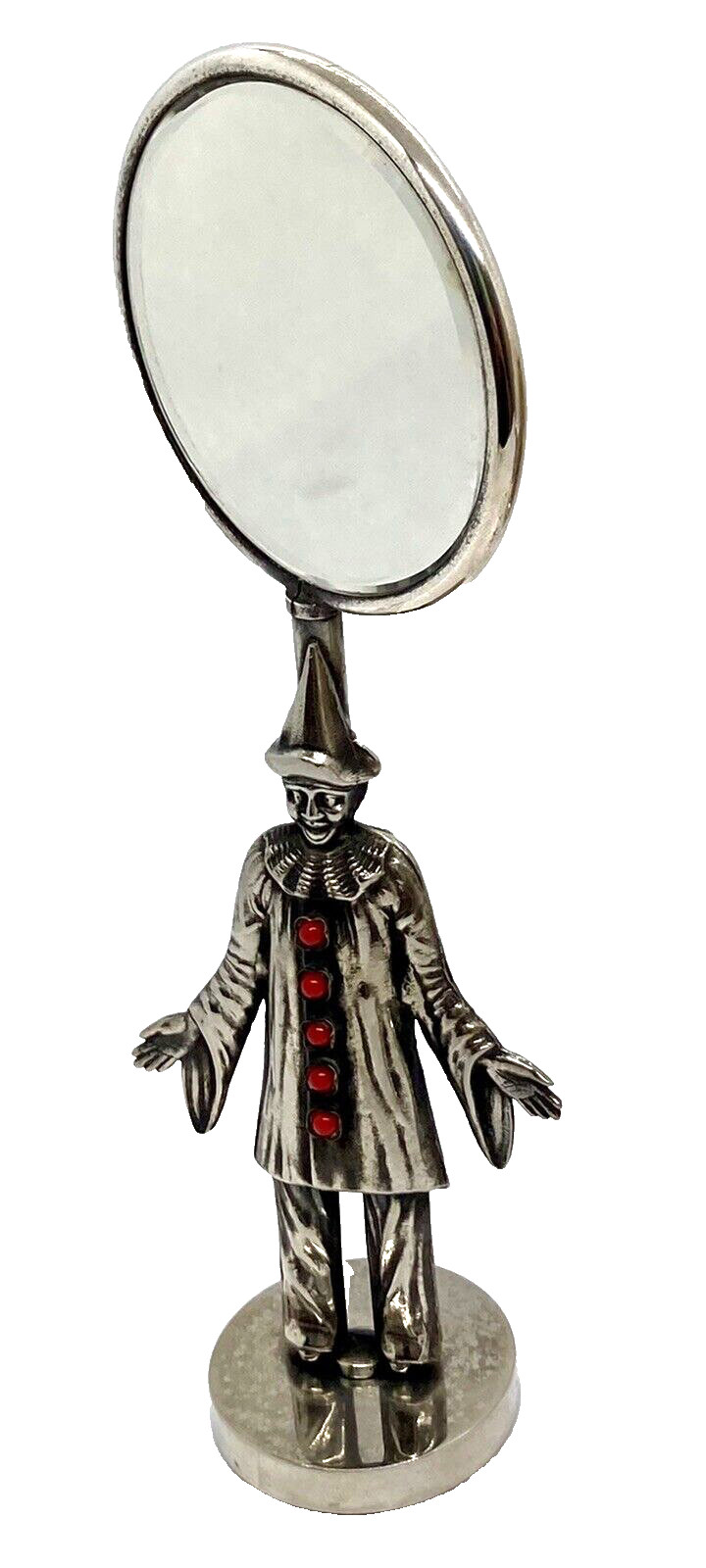OLD SILVER ANTIQUE/VINTAGE SMALL VANITY TRAVEL MIRROR CLOWN PIERROT HANDLE, 7 in
