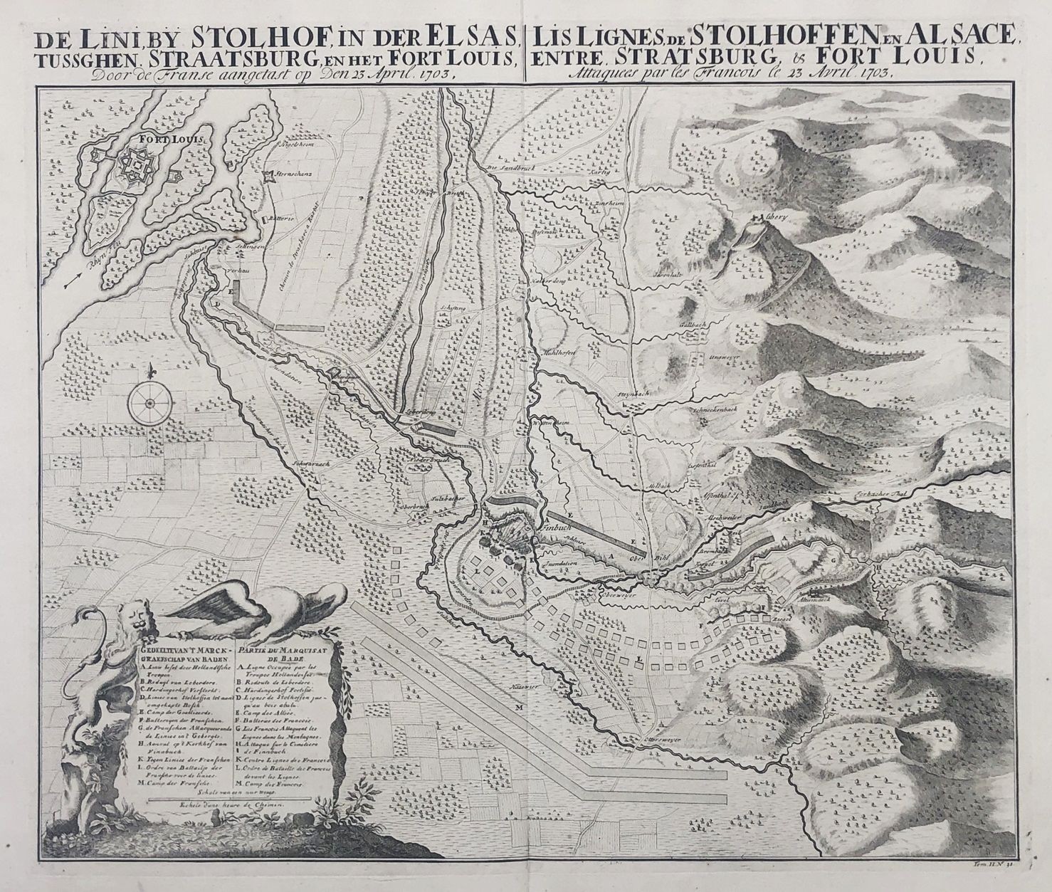 Stollhofen Rheinmünster Fort-Louis Rhine Gravure Engraving Copperplate 1729