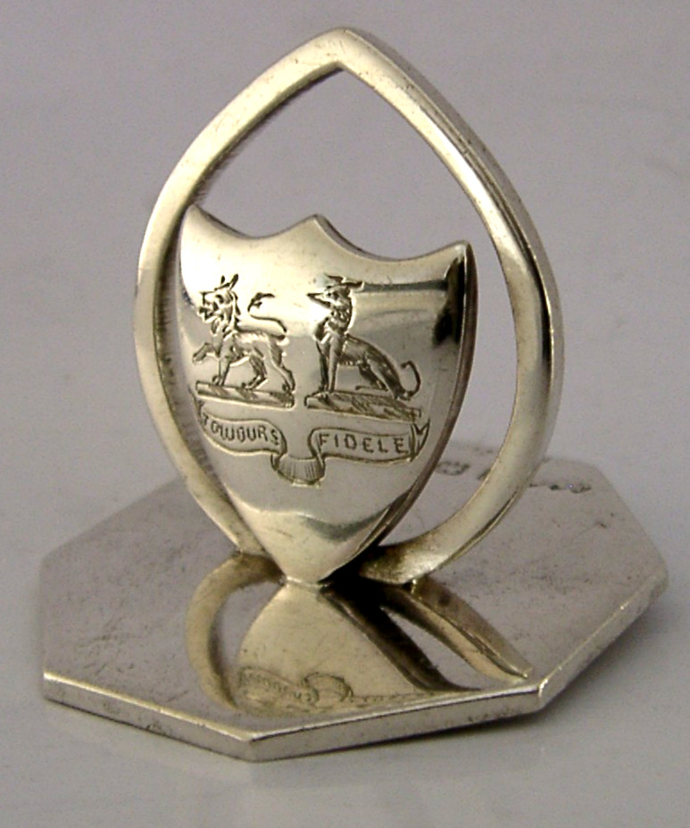 STERLING SILVER DOUBLE CRESTED MENU HOLDER PLACE MARKER 1905 ANTIQUE
