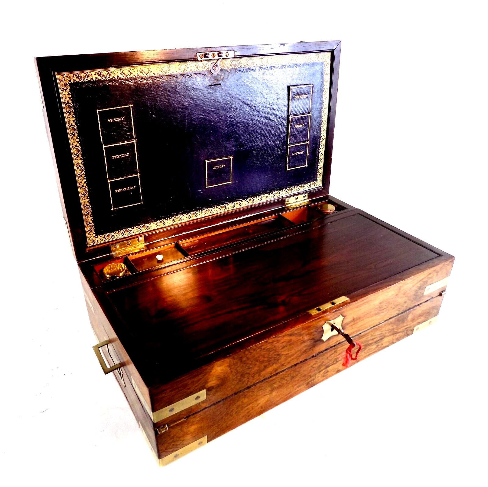 Antique English Rosewood Brass Bound Lap Desk. Best Interior. Quality Item.