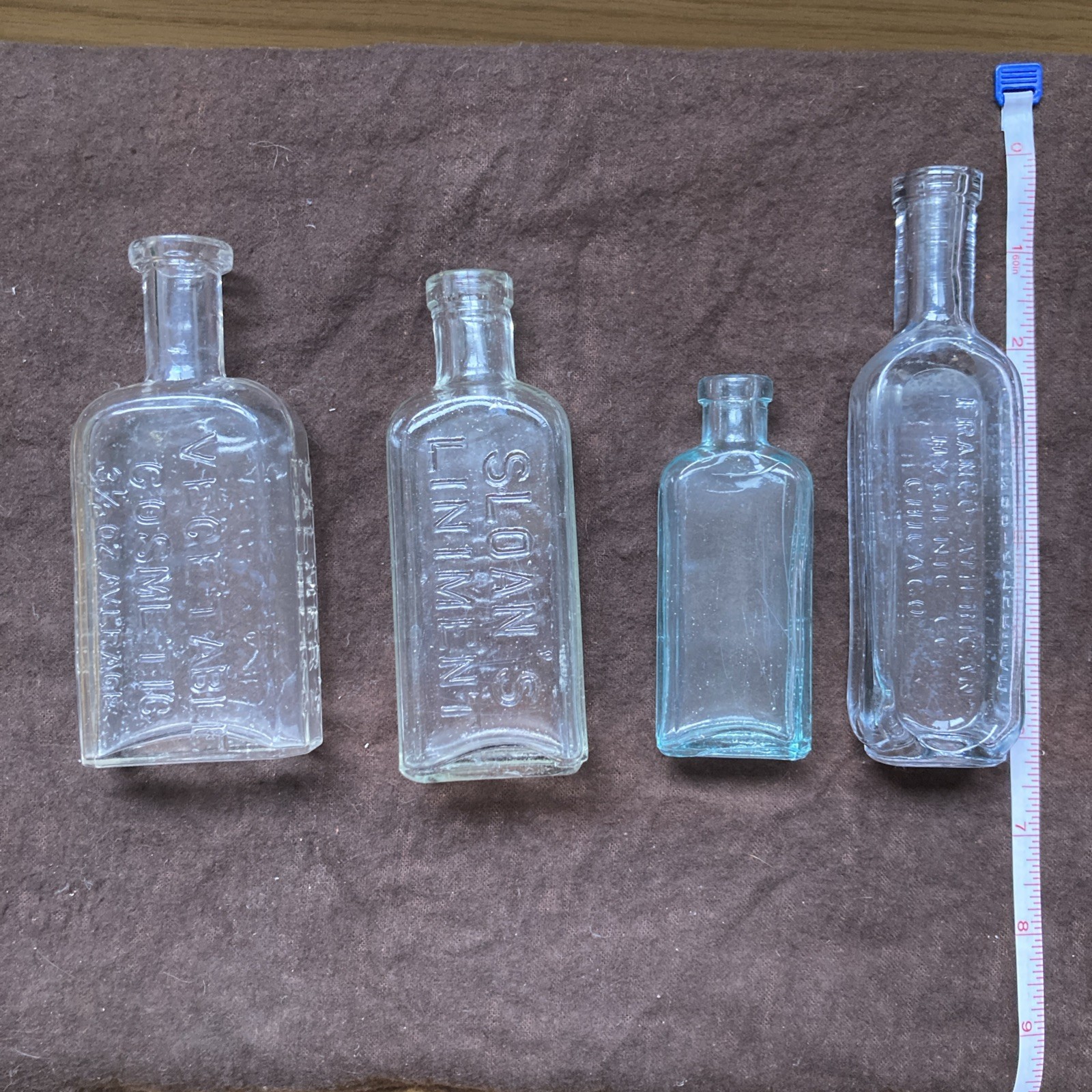 Four Antique Reproduction Medicine Apothecary Glass Bottles Read Description
