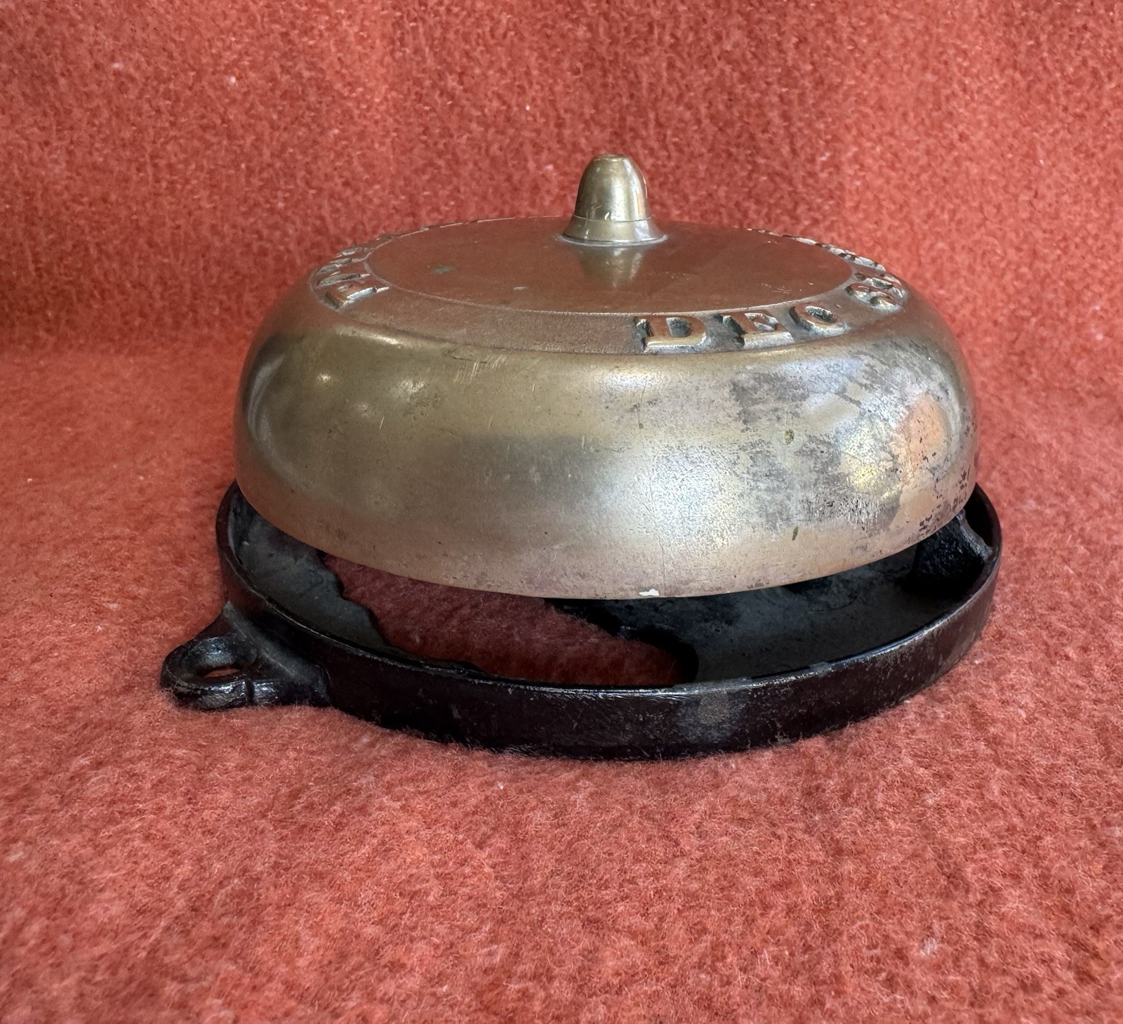 Victorian-era Brass Mechanical Doorbell Taylor Patent 1867 Cover Cast Iron Base