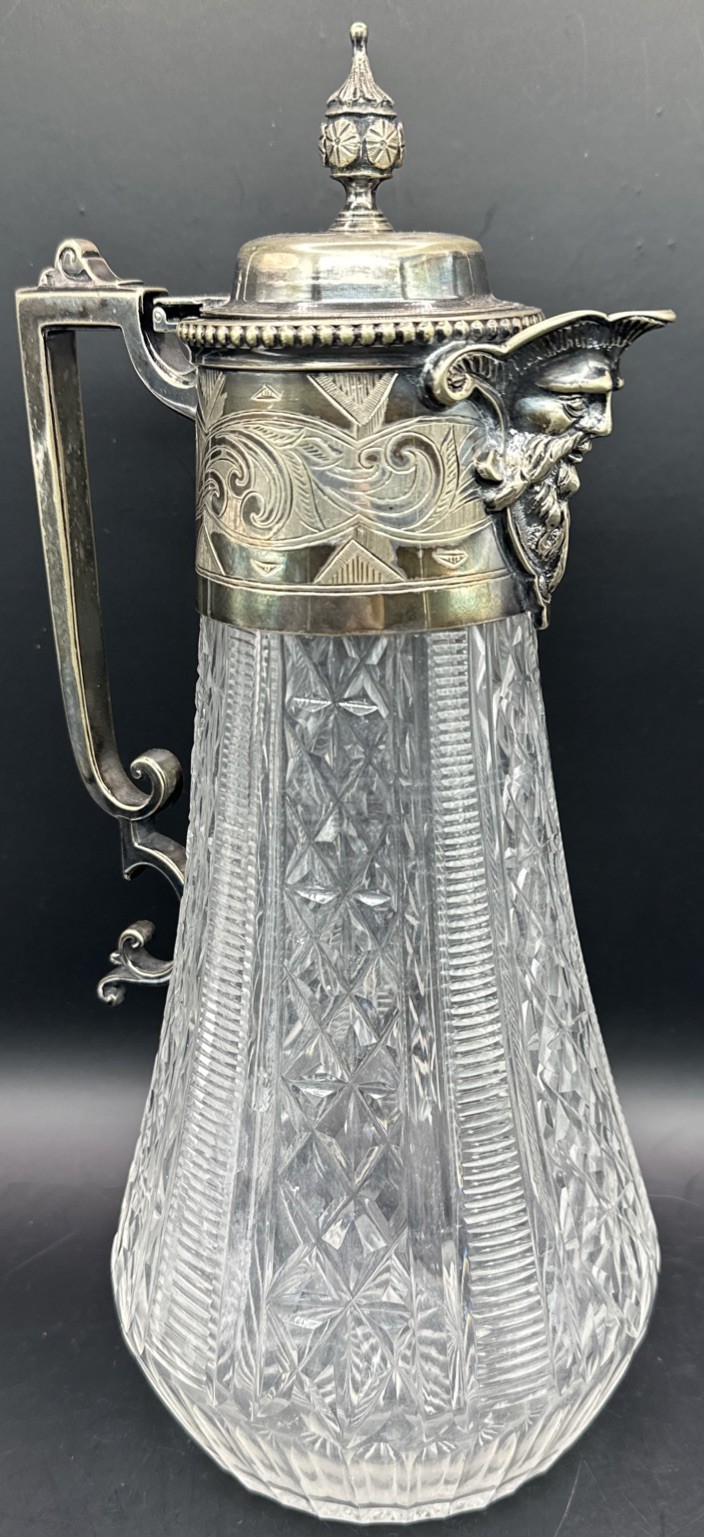 Antique Mappin & Webb Silver Plate Cut Crystal Figural Spout Carafe Pitcher