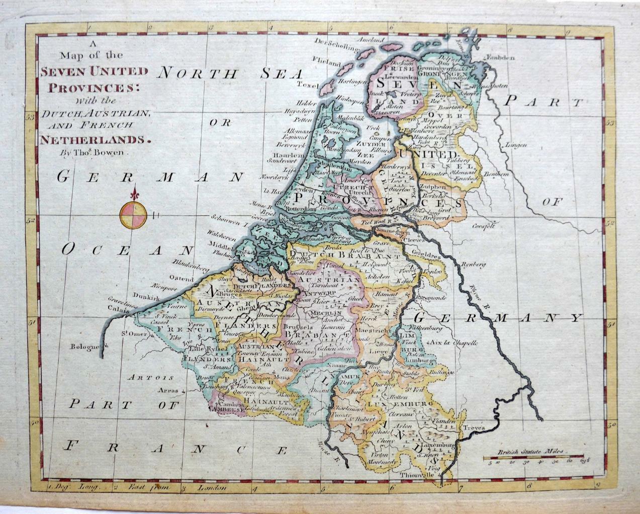 NETHERLANDS BELGIUM BY THOMAS BOWEN c1789 GENUINE COPPER ENGRAVED ANTIQUE MAP