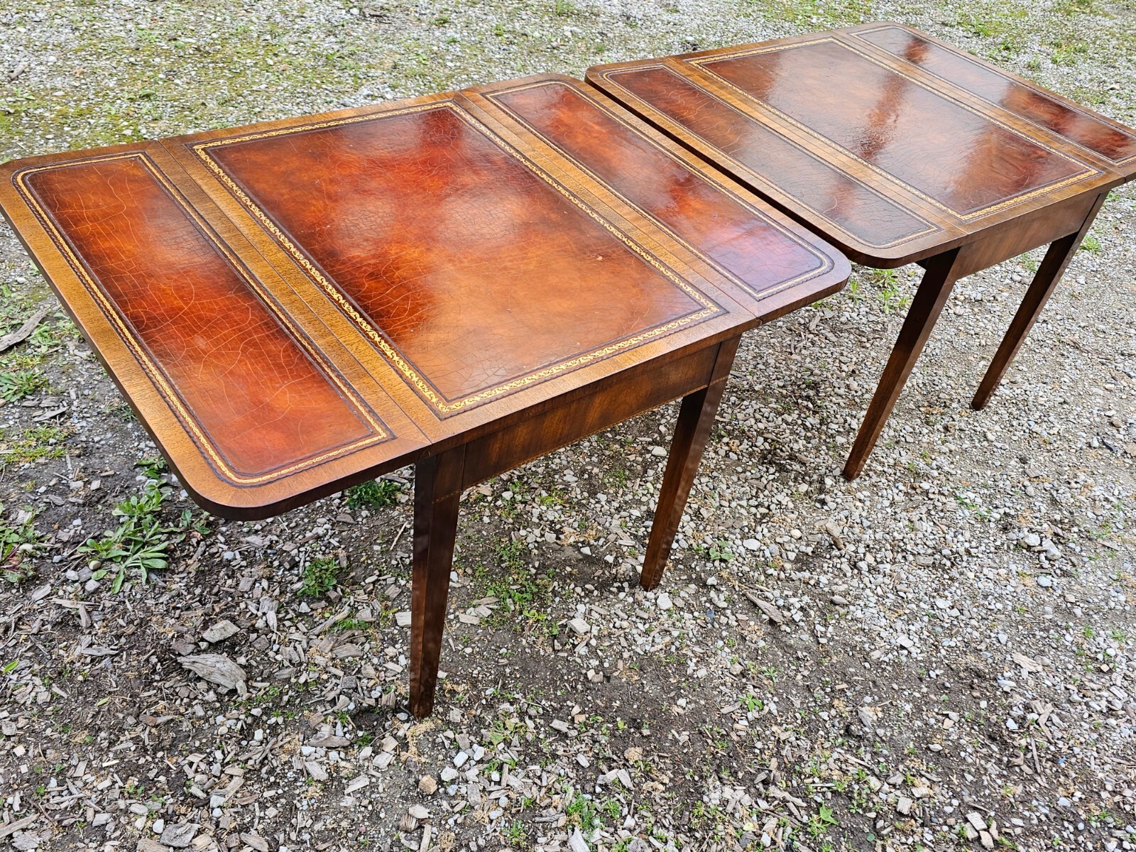 Antique Pembroke Double drop leaf leather top end table Pair by Weiman
