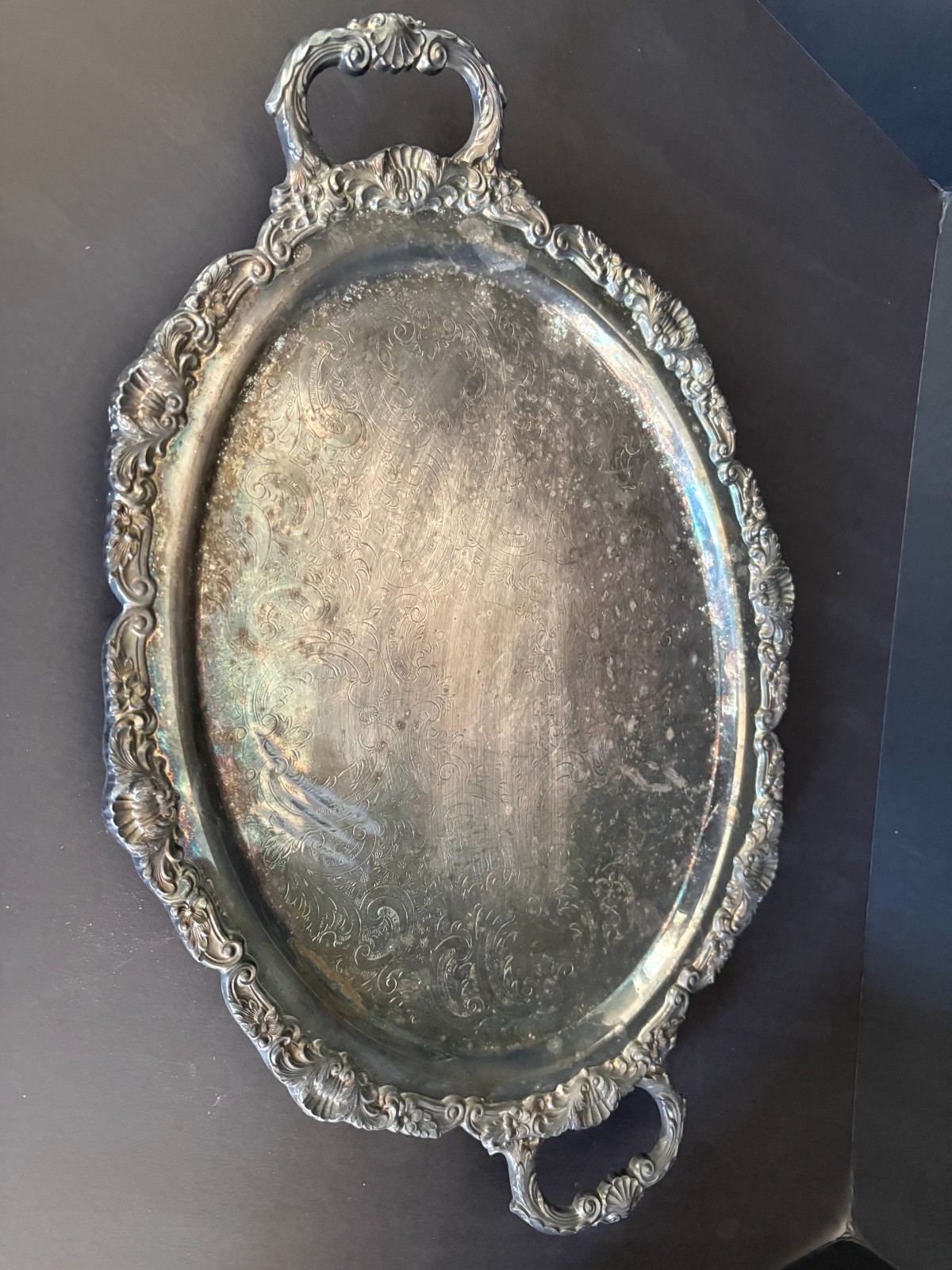 Vintage Silverplate Oval Serving Tray Ornate Shell Border Floral Engraved