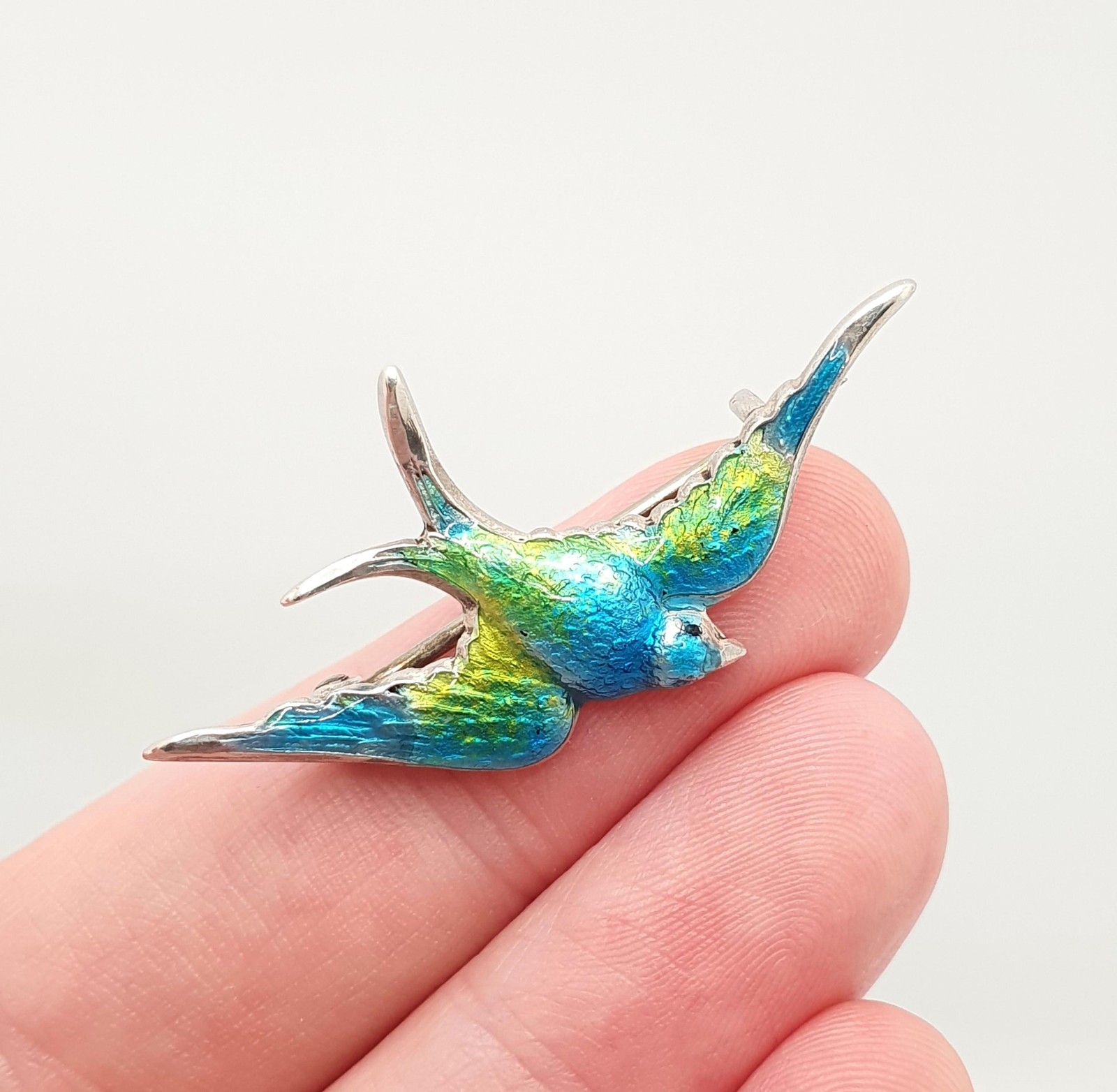 Antique CHARLES HORNER Sterling Silver Bird Brooch Pin Enamel Swallow 1908