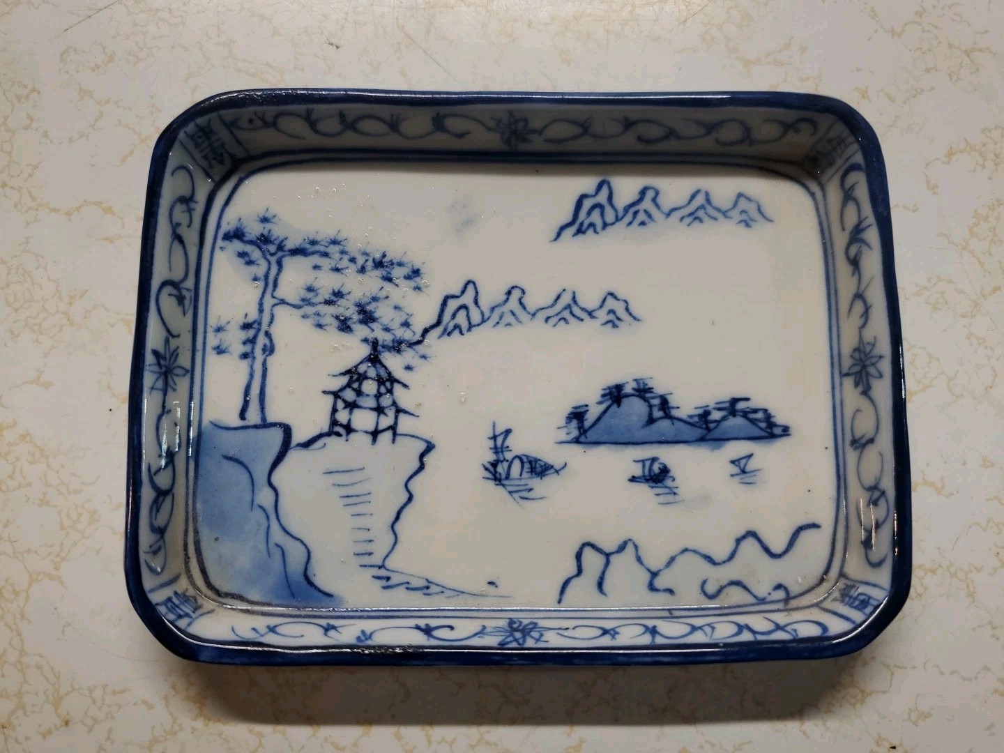 Antique 19th Century Chinese Blue & White Mountain Landscape Porcelain Tray