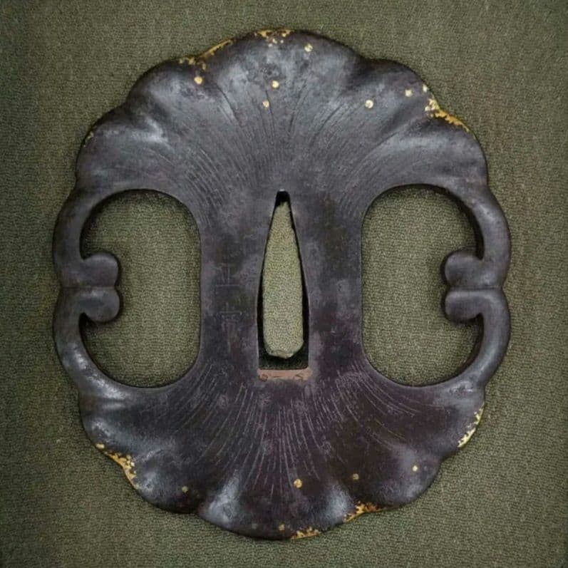 Inscribed Normal Period Ginkgo Iron Tsuba with Silver Inlay, Japanese Antique