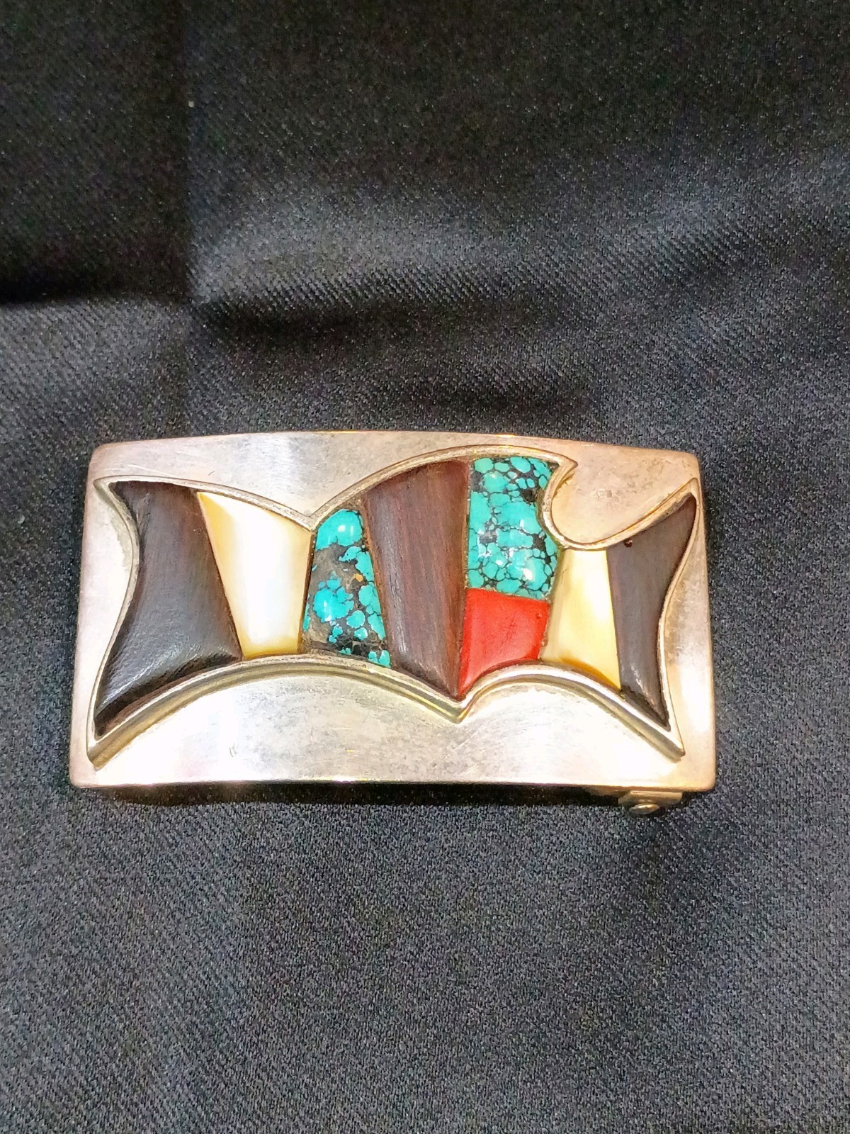 Micheal Durkee Belt Buckle Sterling Turquoise Coral Ironwood MOP
