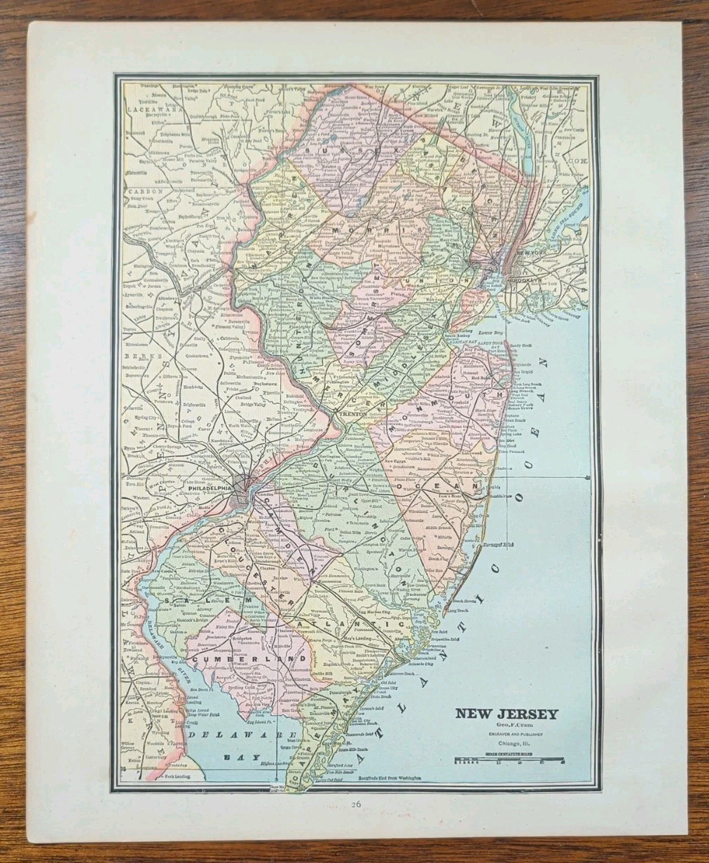 Vintage 1887 NEW JERSEY Map 10″x13″ Old Antique Original HACKENSACK PATERSON NJ