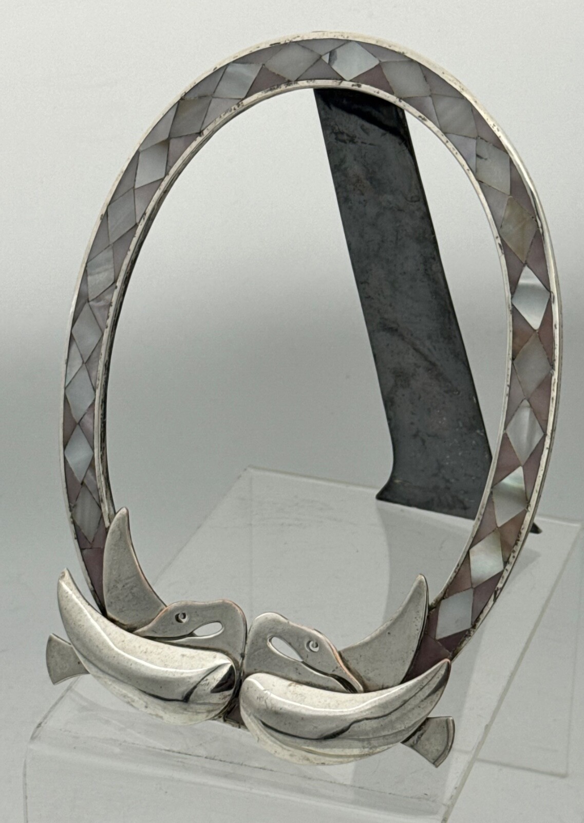 RARE LARGE Los Castillo Silverplate Mother Of Pearl Picture Frame Swans Motif