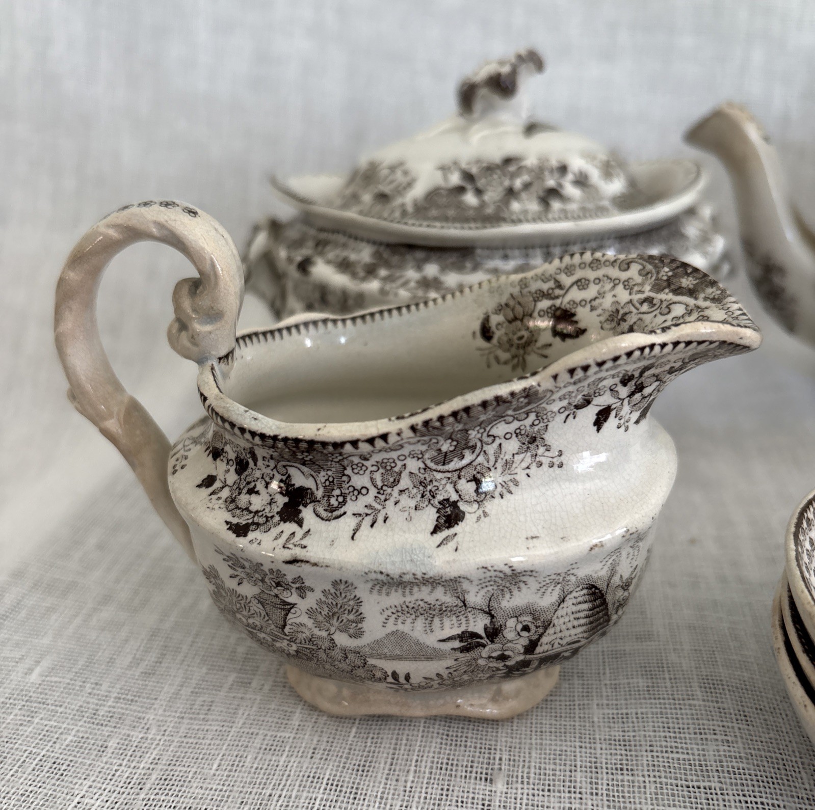 Antique 19thC Brown Transferware Child’s Tea Set Beehive Pattern 9 pc. England