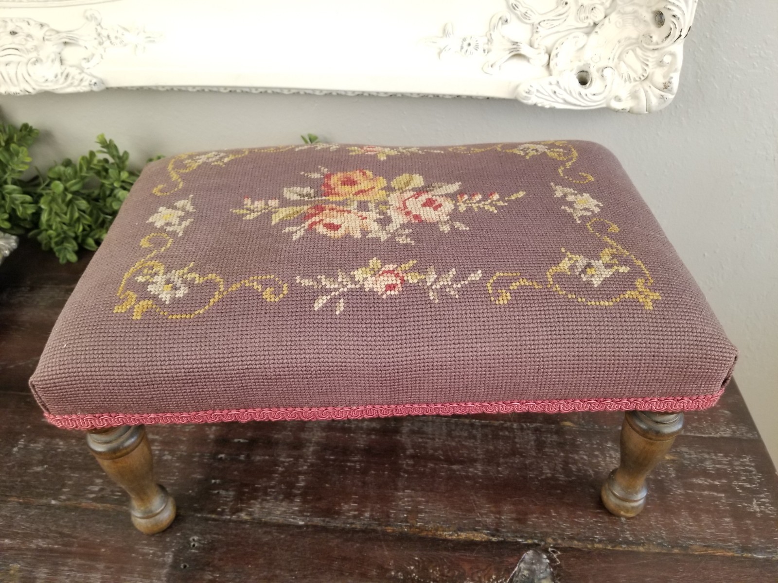Antique Early 1900’s Floral & Rose Needlepoint Wooden Footstool in Deep Mauve