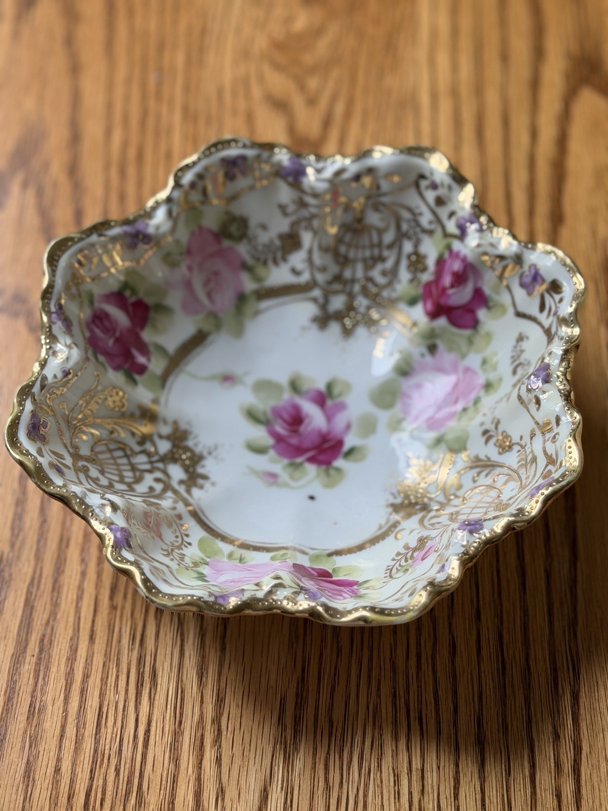 Antique Nippon Maple Leaf Bowl Gold Moriage Encrusted Roses Hand Painted 1891